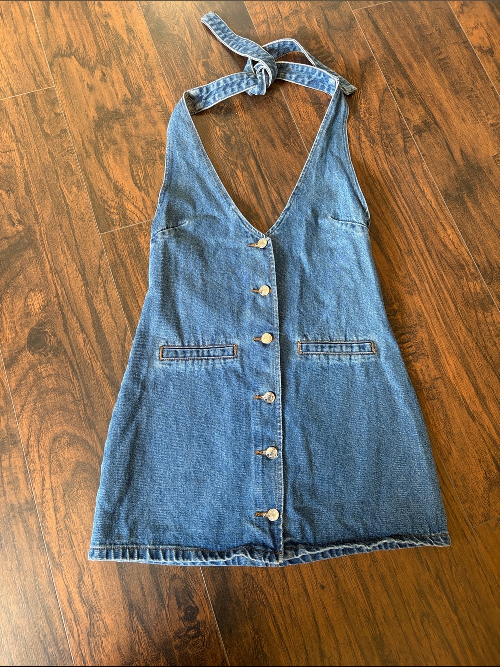 Edikted Blue Denim Backless Halter Button-Front Mini Dress